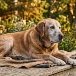 A gentle grey-muzzled senior dog resting peacefully in warm afternoon light outdoors