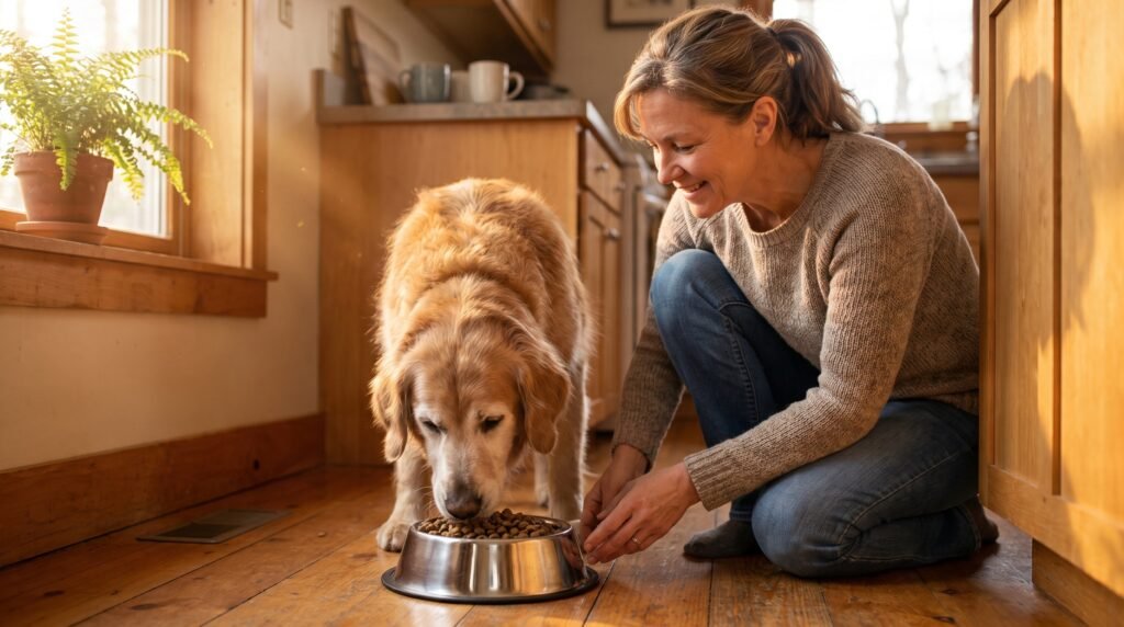 Senior golden retriever eating from a bowl as owner checks feeding schedule