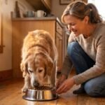 Senior golden retriever eating from a bowl as owner checks feeding schedule