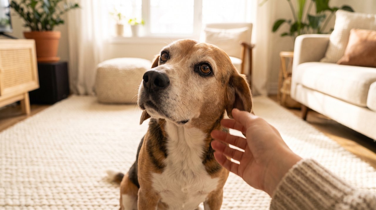 Alert senior Beagle looking up attentively, representing cognitive health in senior dog care