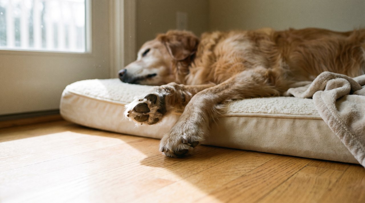 Senior dog resting on orthopedic bed, representing daily comfort and care in senior dog health management