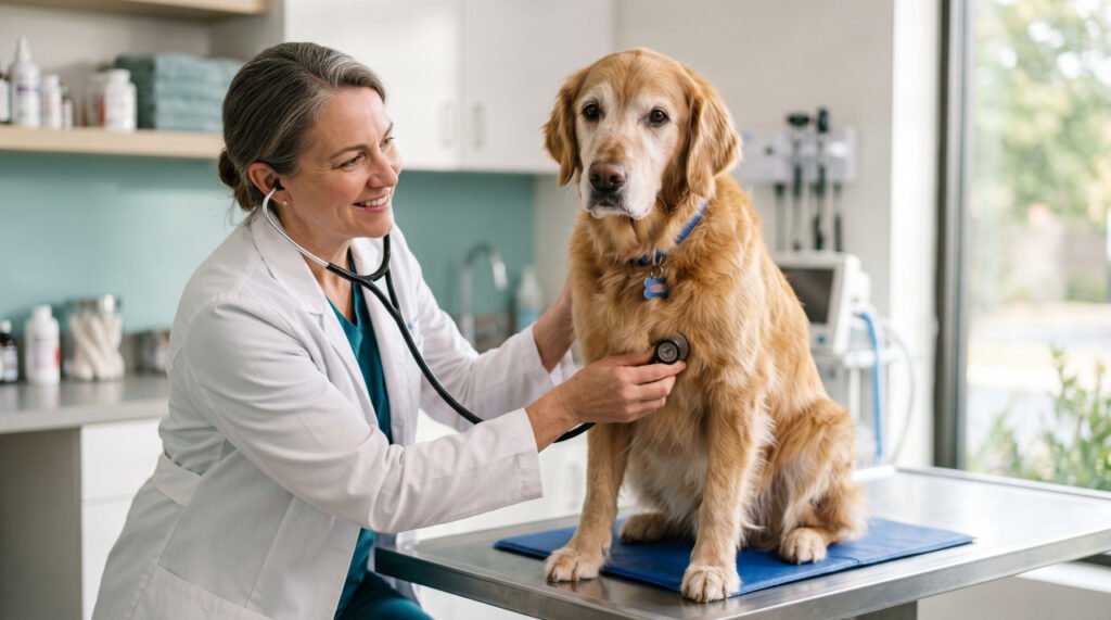 Senior golden retriever at a vet checkup as part of senior dog health checklist