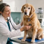Senior golden retriever at a vet checkup as part of senior dog health checklist