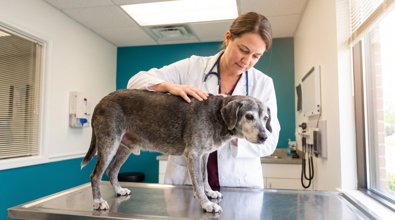 Veterinarian checking senior dog muscle condition score during clinic exam