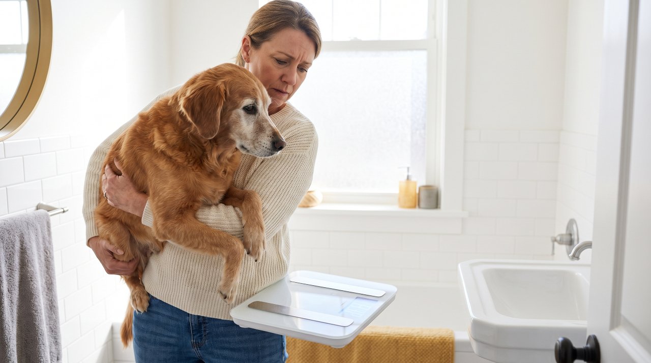 Owner weighing senior dog at home on bathroom scale, tracking weight loss