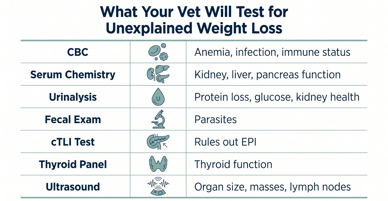 Infographic chart showing vet tests for senior dog weight loss diagnosis
