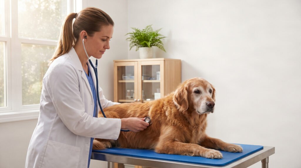 A veterinarian examining a senior golden retriever dog during a routine vet checkup