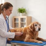 A veterinarian examining a senior golden retriever dog during a routine vet checkup