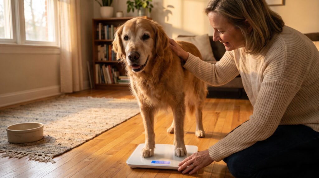 Senior golden retriever standing on scale during weight management checkup at home