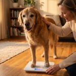 Senior golden retriever standing on scale during weight management checkup at home