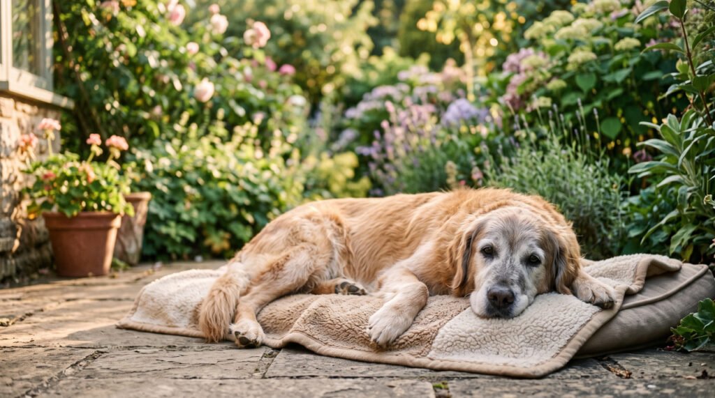 Senior golden retriever dog resting peacefully in sunny home garden wellness care