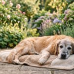 Senior golden retriever dog resting peacefully in sunny home garden wellness care
