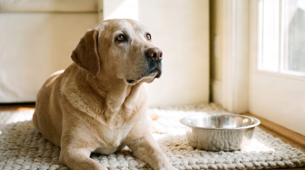 An older Labrador retriever sits by an empty food bowl, showing signs of an old dog always hungry.
