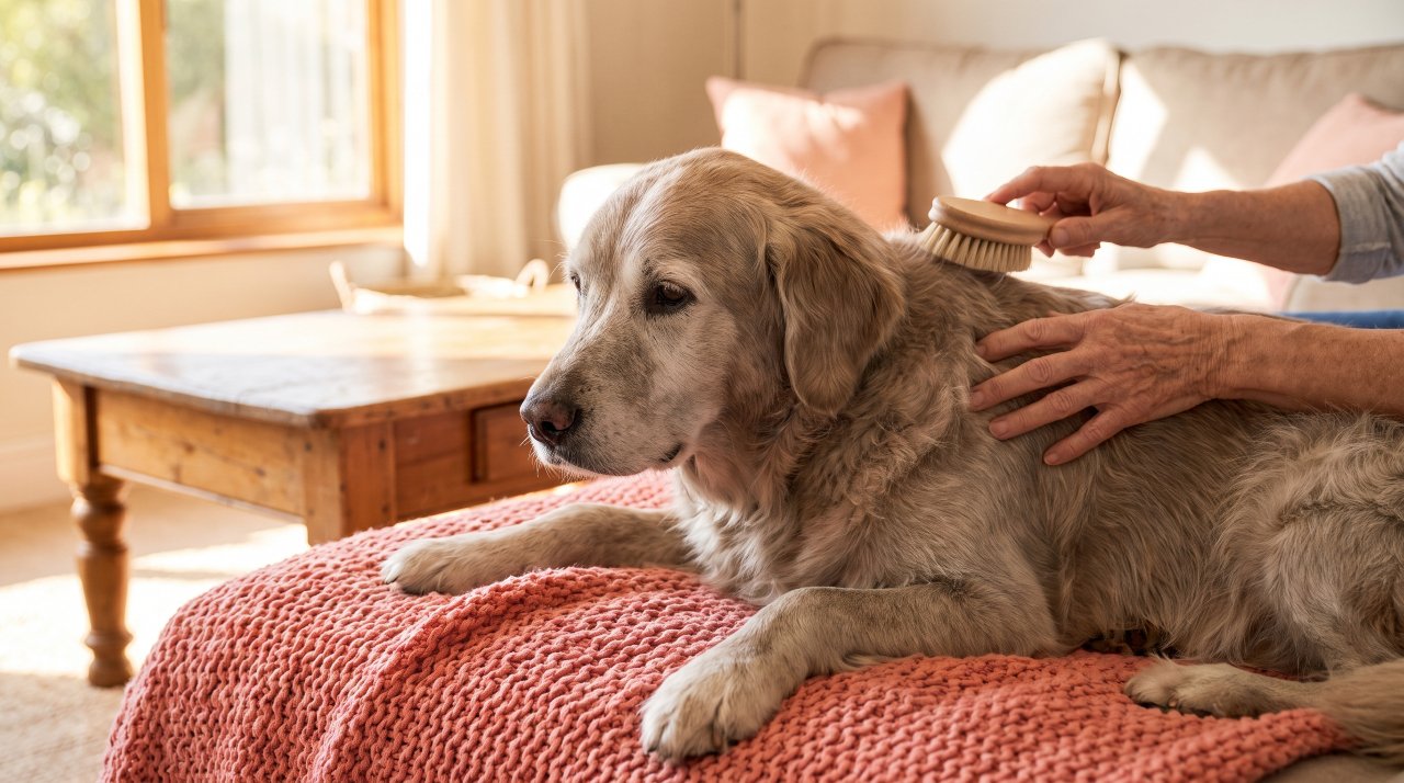 Owner gently brushing senior dog with thinning fur, checking for symptoms of Cushing's disease.