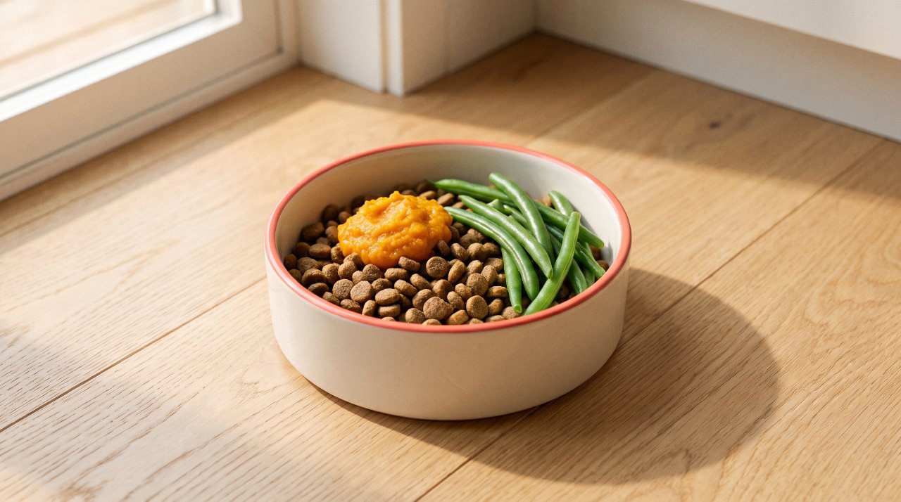 Healthy senior dog food bowl with green beans and pumpkin, showing proper portions for senior dogs.