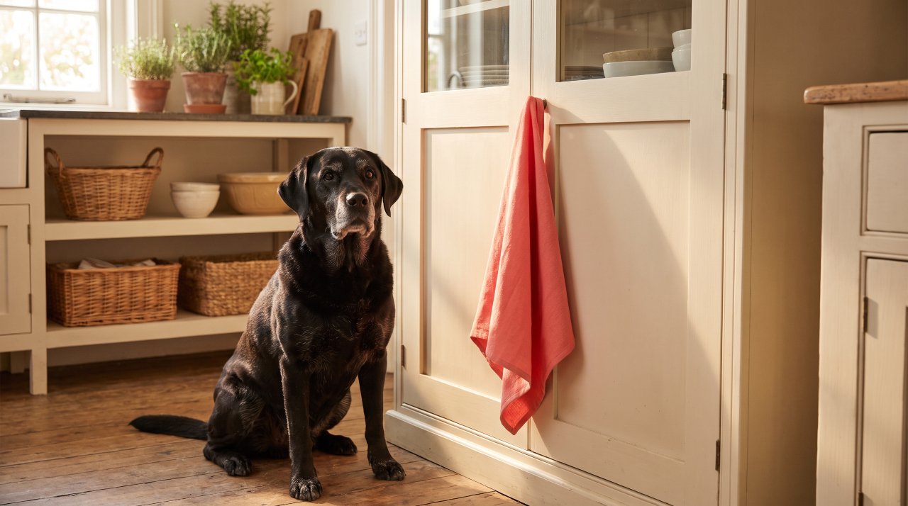 Senior black Labrador dog begging near a kitchen pantry, exhibiting signs of a senior dog constantly hungry.