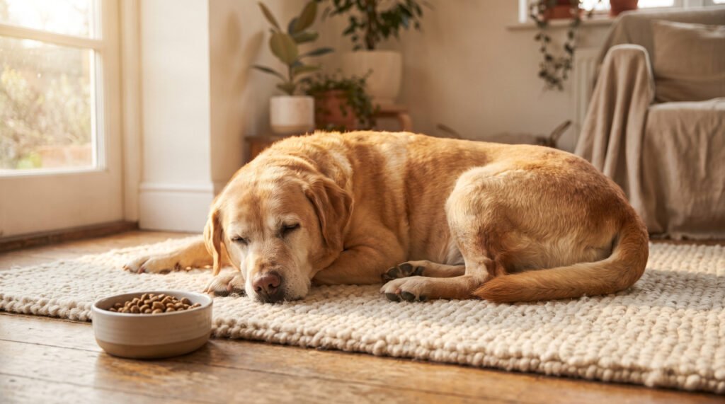 An elderly Labrador retriever resting near a food bowl, representing aging dog supplements.