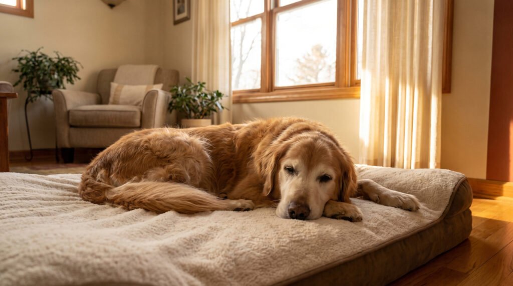 Senior golden retriever resting comfortably indoors as part of a complete senior dog health care routine