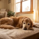 Senior golden retriever resting comfortably indoors as part of a complete senior dog health care routine