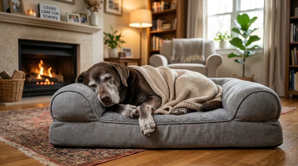 Senior Dog Sleeping on Memory Foam Orthopedic Bed