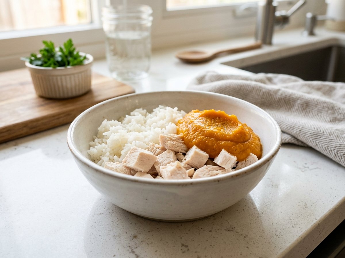Ceramic bowl with plain boiled chicken breast, white rice, and pure pumpkin puree on a kitchen counter