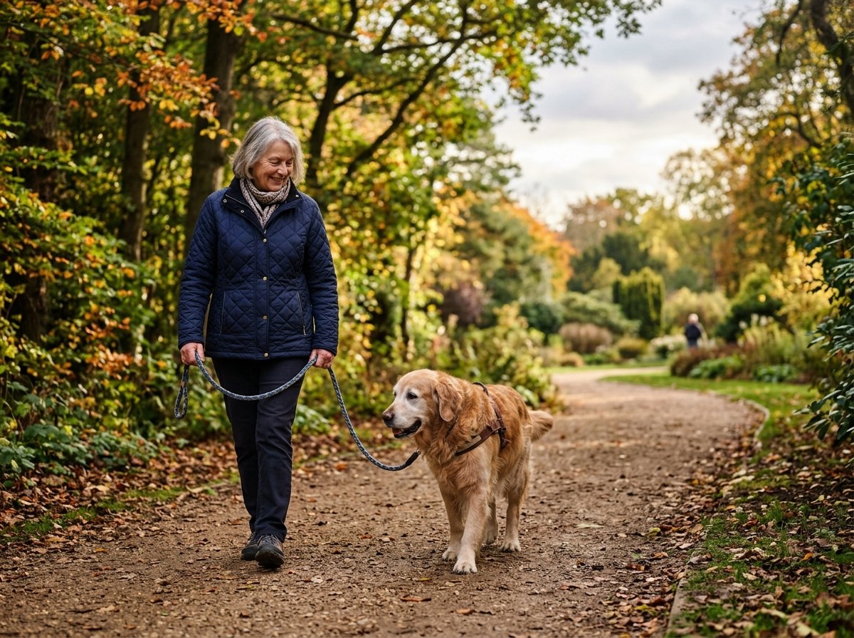 Owner taking a calm slow stroll on a soft park path with an older Golden Retriever on a loose leash
