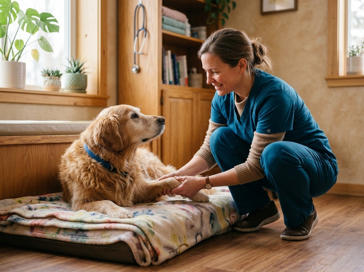 Veterinarian gently examining the eyes and face of a calm senior dog on a padded clinic table