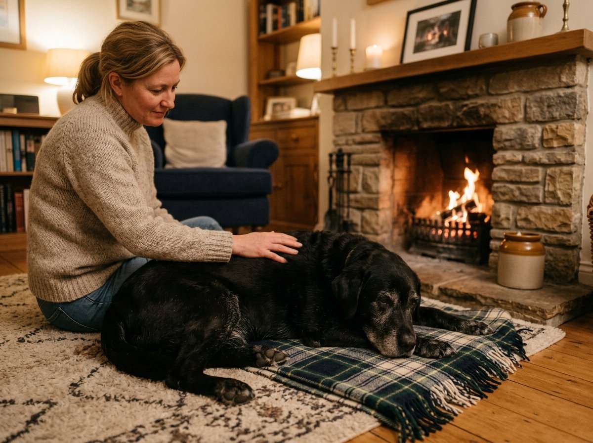 Owner gently stroking an old dog back during a relaxing evening routine by a warm fireplace