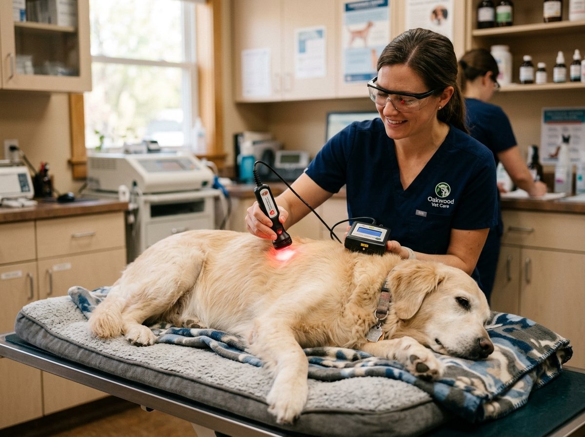 Veterinary professional applying cold laser therapy to the spine of a calm older dog resting on a comfortable mat