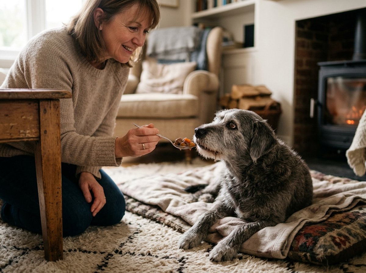 Caring owner gently offering a spoonful of warm savory food to an older dog