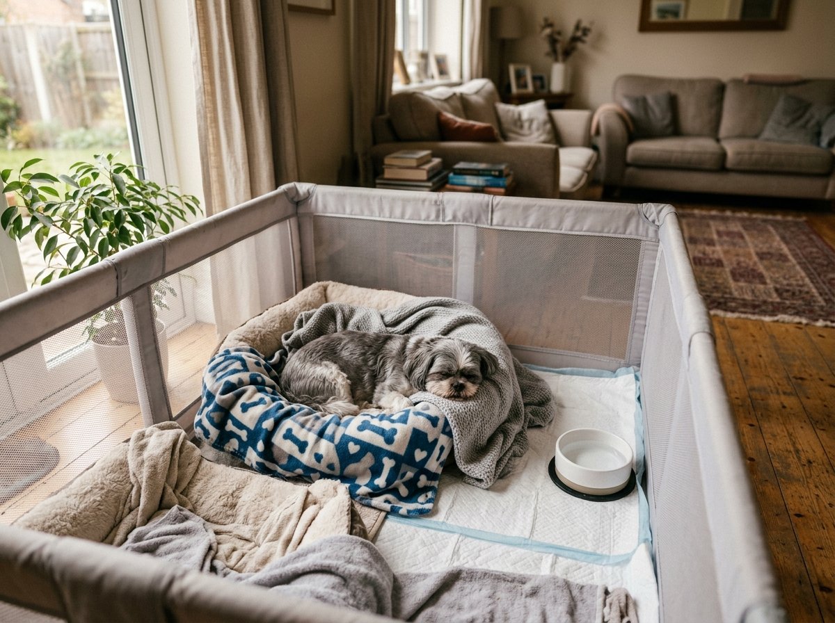Small senior dog comfortably resting inside a spacious softly padded recovery playpen with blankets in a living room