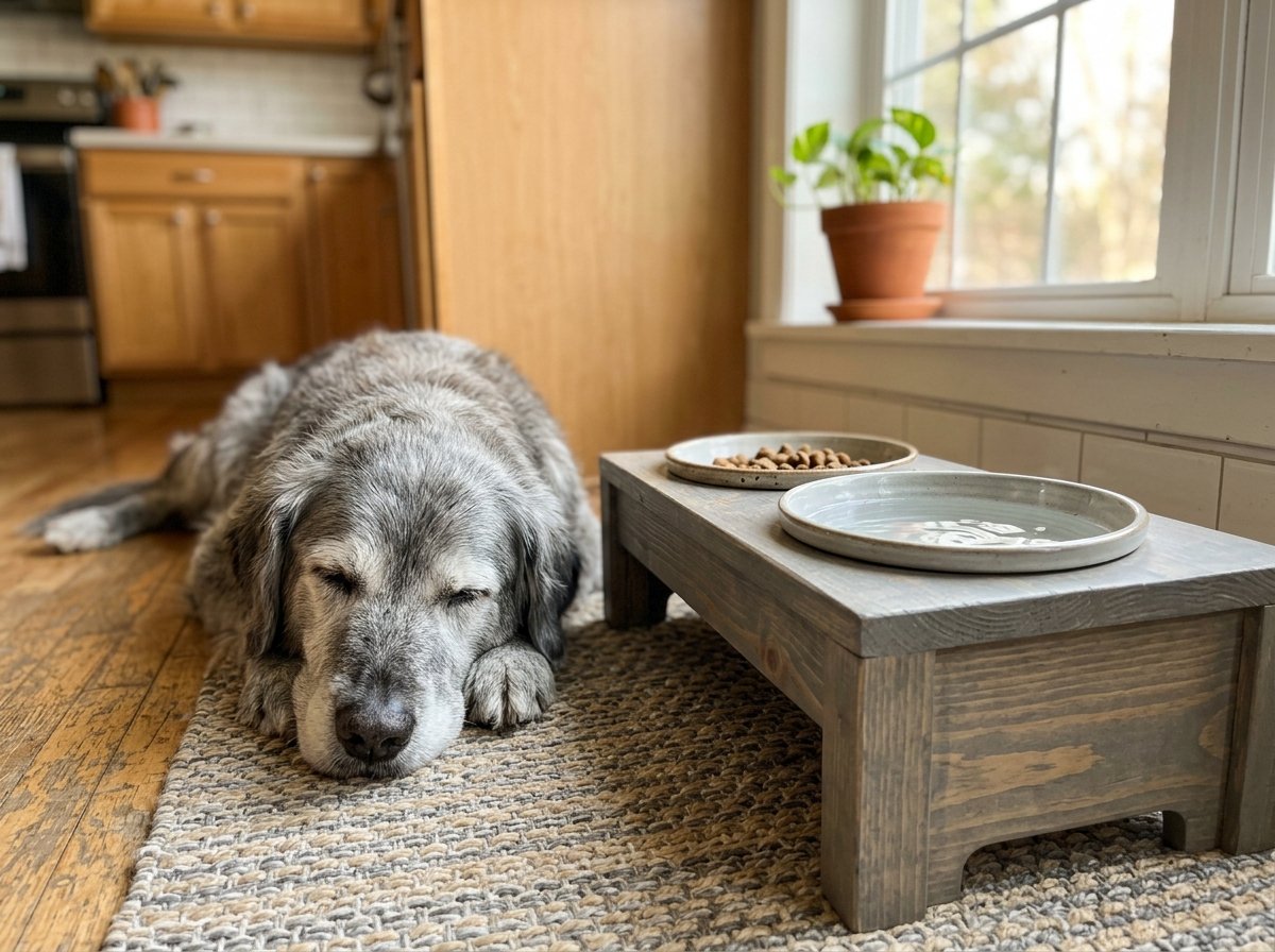 Elevated dog bowl setup for comfortable senior dog eating and digestion
