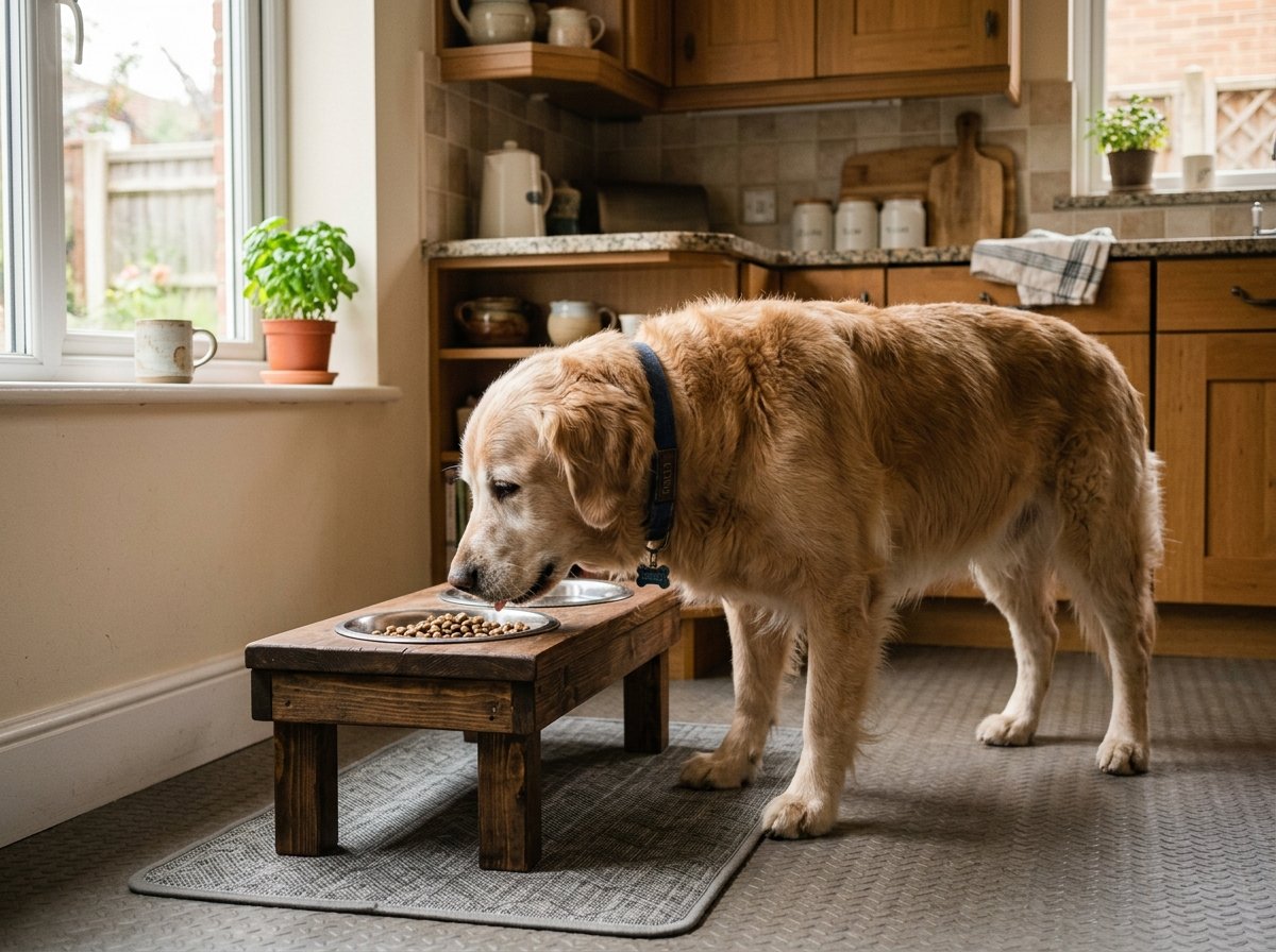 Senior dog eating comfortably from an elevated food bowl stand
