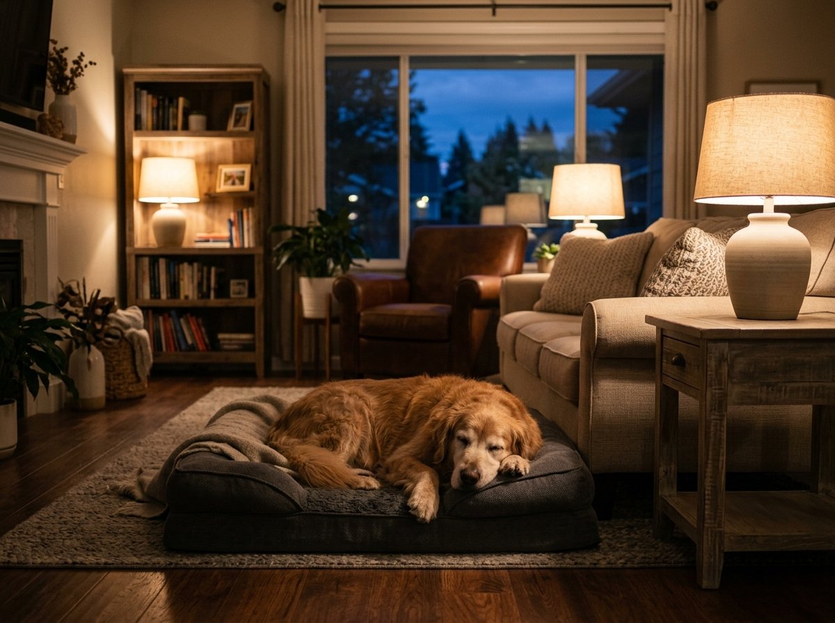 Warm living room at dusk with ambient table lamps providing soft illumination for an aging Golden Retriever