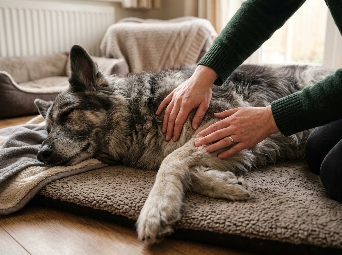 Compassionate owner gently petting a senior dog head to provide comfort