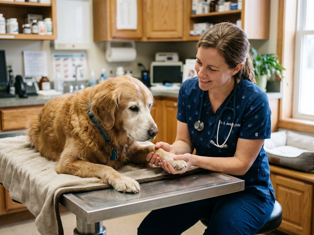 Female veterinarian warmly holding a senior dog's paw on an examination table during a routine wellness visit