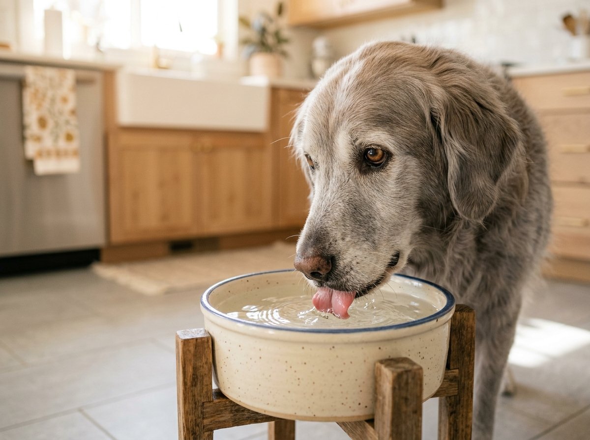Senior dog lapping fresh water from a clean elevated ceramic bowl in a bright kitchen