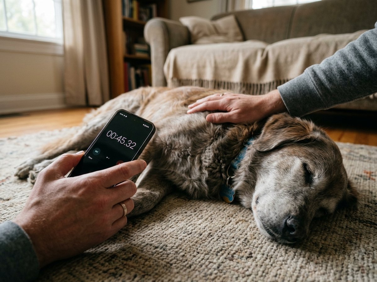Owner using a smartphone timer while gently observing a senior dog sleeping peacefully to count breaths per minute