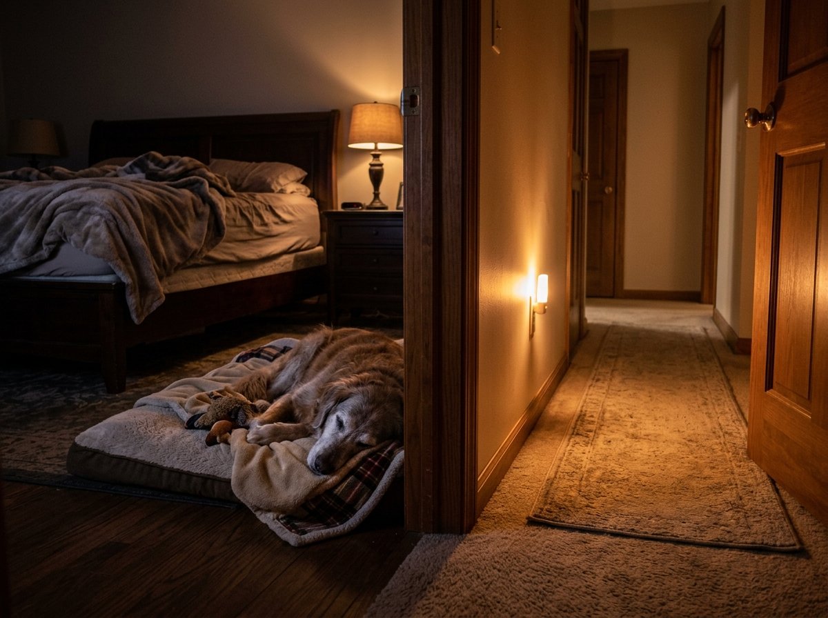 Warm ambient nightlight in bedroom providing safe gentle illumination for senior dog navigation