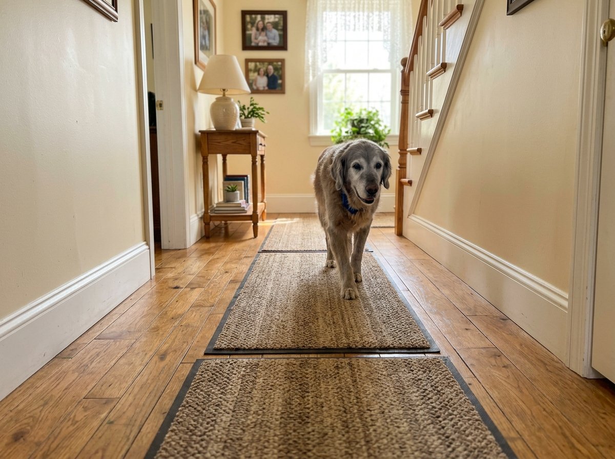 Non-slip rubber-backed rugs laid end-to-end on wooden floors to provide traction for a senior dog