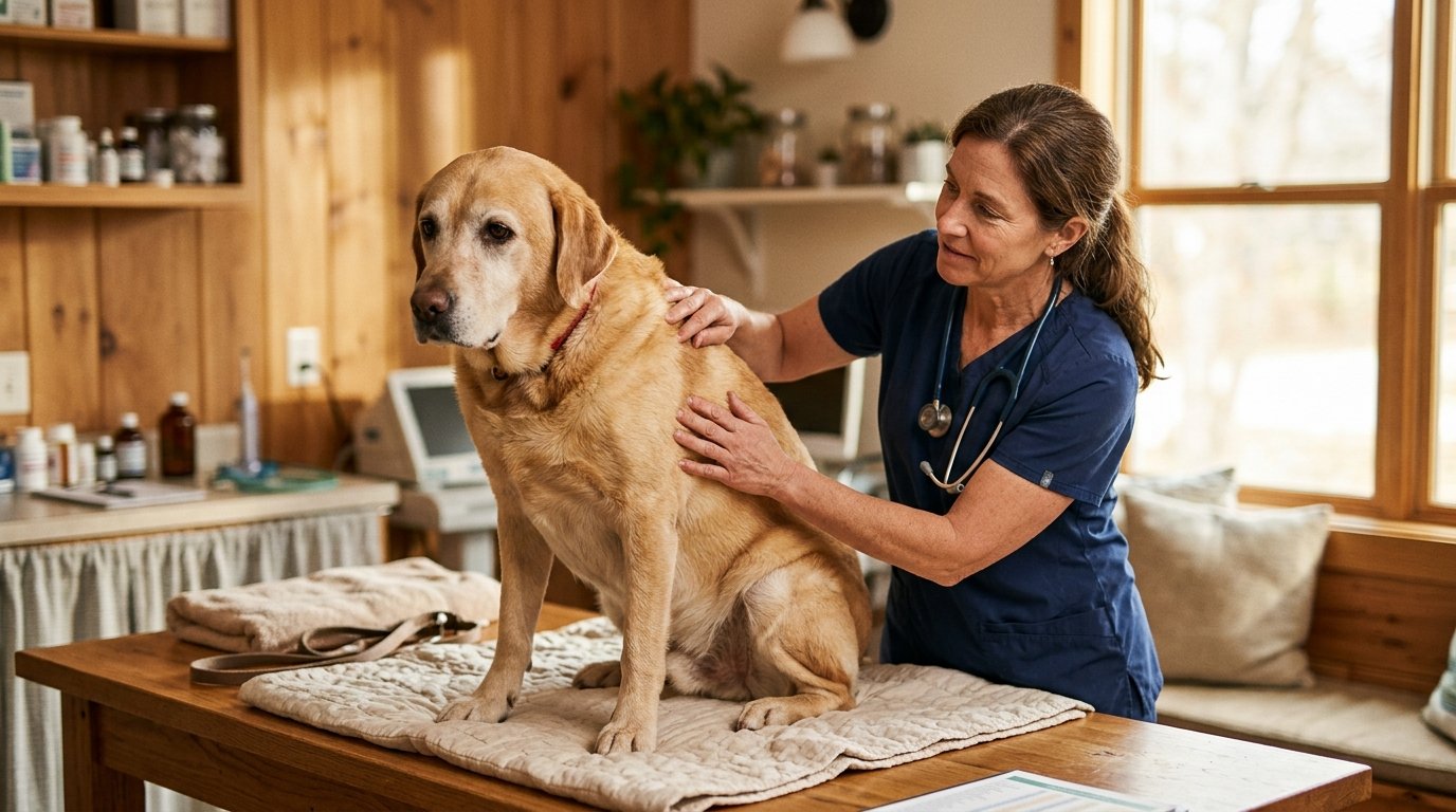 Gentle hand checking senior dog skin and coat for lumps and bumps
