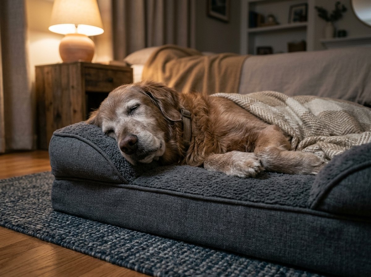 Thick memory foam orthopedic dog bed placed on a non-slip rug in a calm, dimly lit room for senior dog joint relief