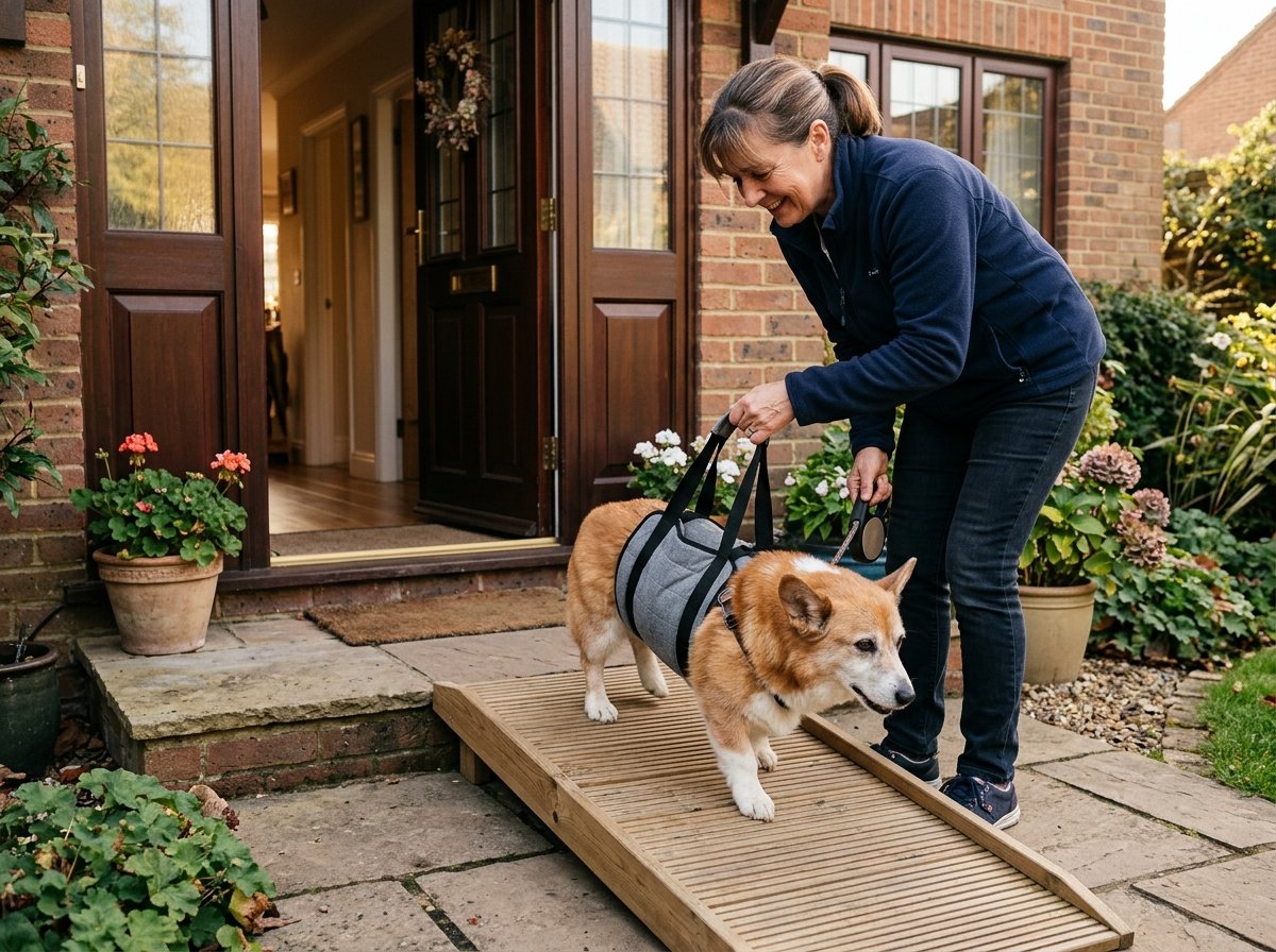 Owner using a gentle fabric belly support sling to assist a senior dog navigating a low ramp into a house safely