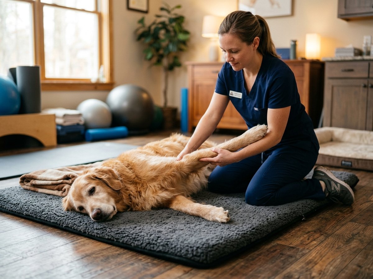 Canine physical therapist performing physical therapy range-of-motion leg exercises on a calm senior dog