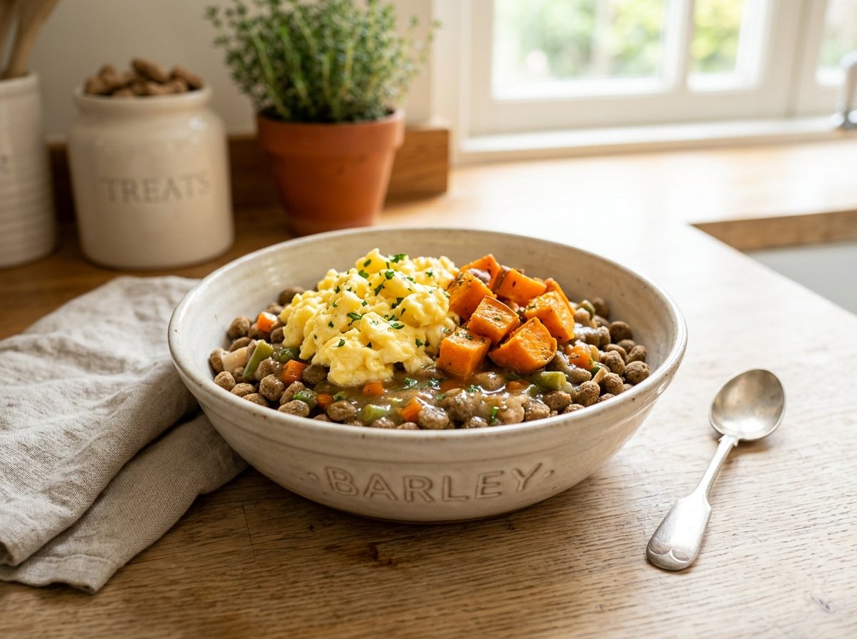 Wholesome senior dog food bowl topped with fluffy scrambled eggs and sweet potato
