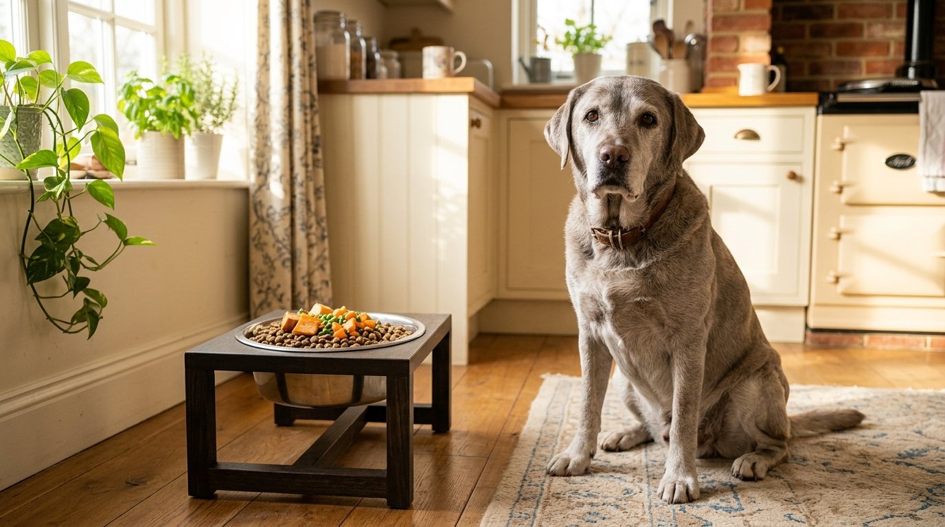 Senior dog sitting patiently waiting for a healthy nutritious low fat meal