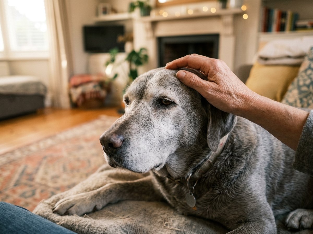 Owner hand gently caressing the frosty muzzle of a senior dog for comfort and anxiety relief