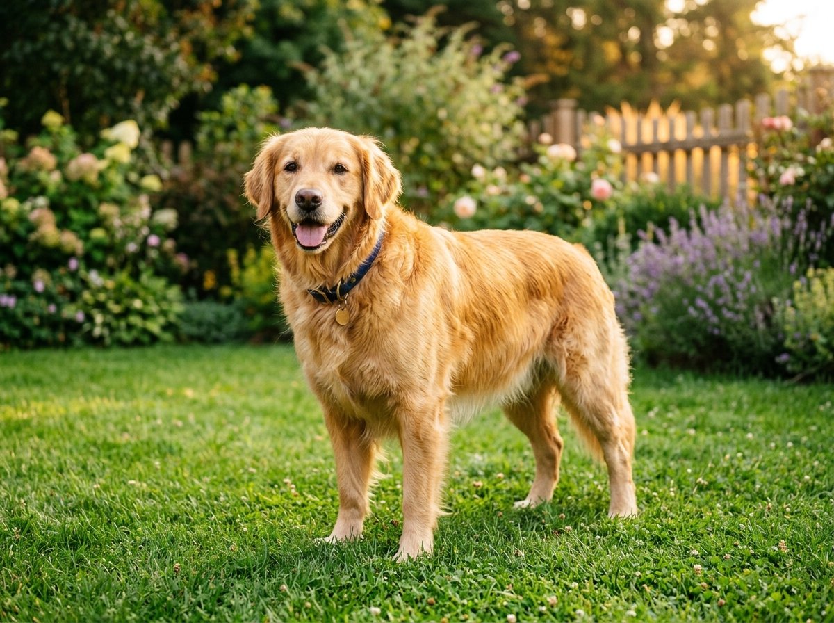 Senior golden retriever standing healthy and strong on grass