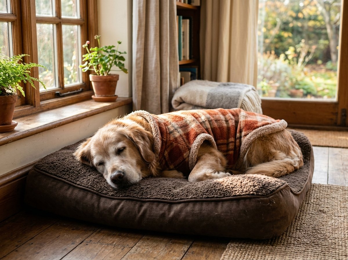 Cozy older dog wearing a comfortable warm fleece sweater resting on a thick dog bed near a sunlit window