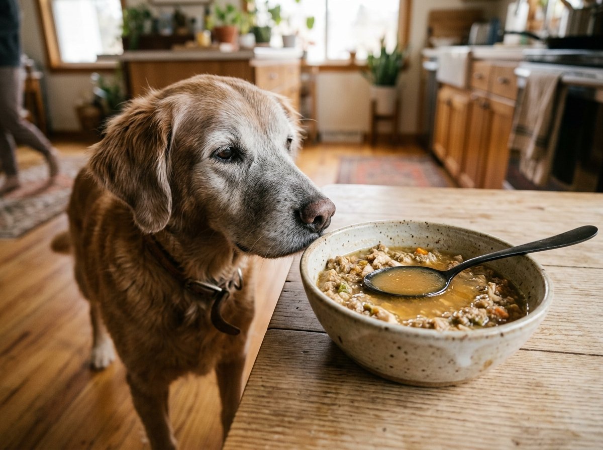Ceramic bowl filled with soft warmed wet dog food and warm bone broth to stimulate appetite